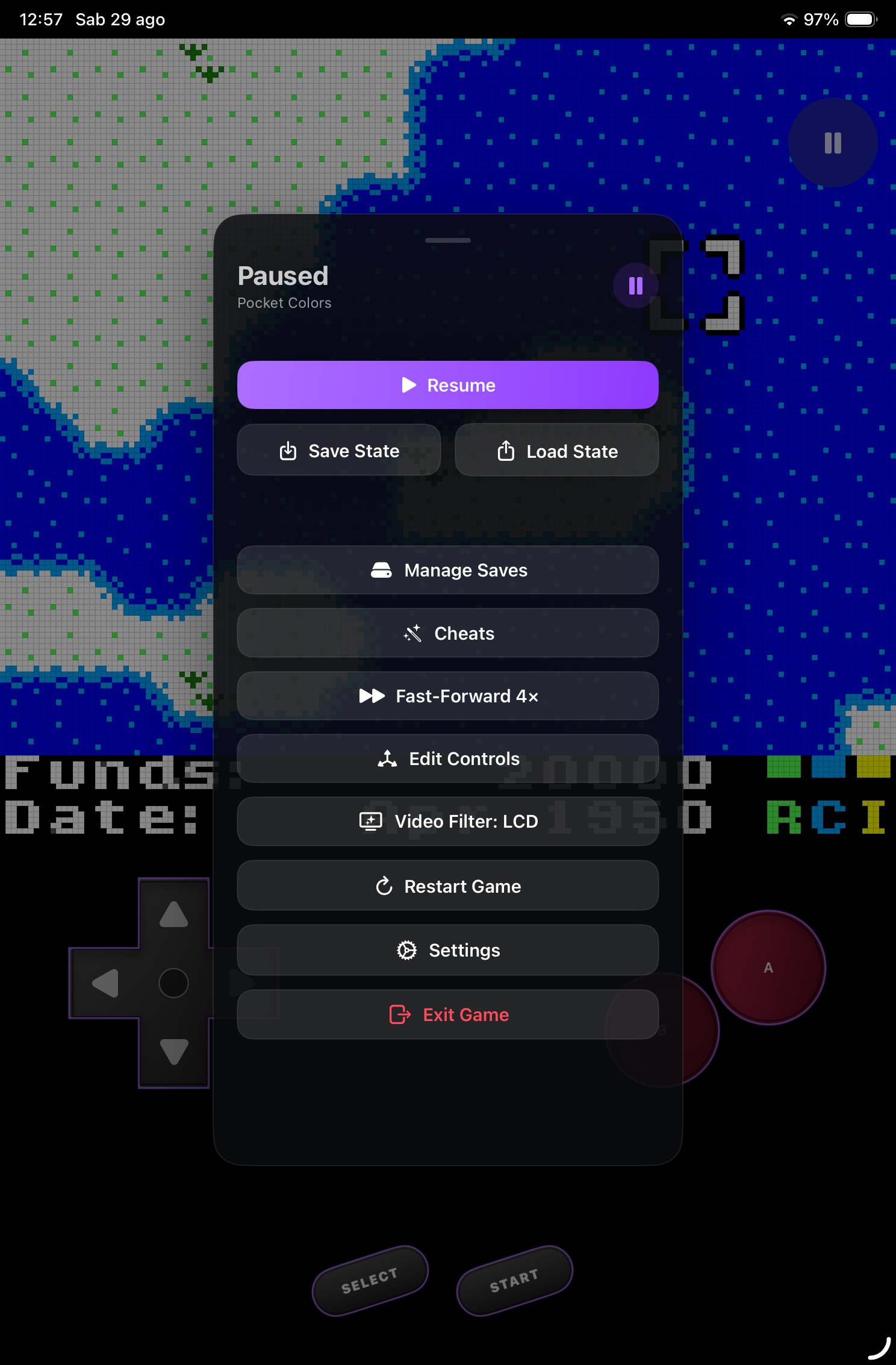 Menu di pausa di Pocket Colors